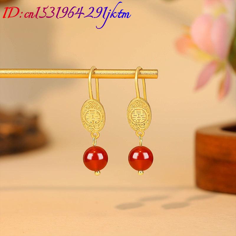Natural Red Jade Bead Earrings - Gold Plated Jewelry 评论和价格