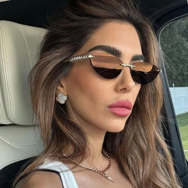 New Cat Eye Rivet Rimless Sung - Designer Sunglasses 评论和价格