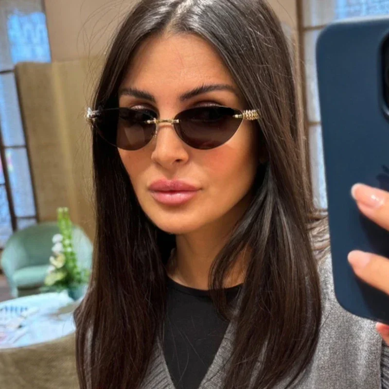 New Cat Eye Rivet Rimless Sung - Designer Sunglasses 评论和价格