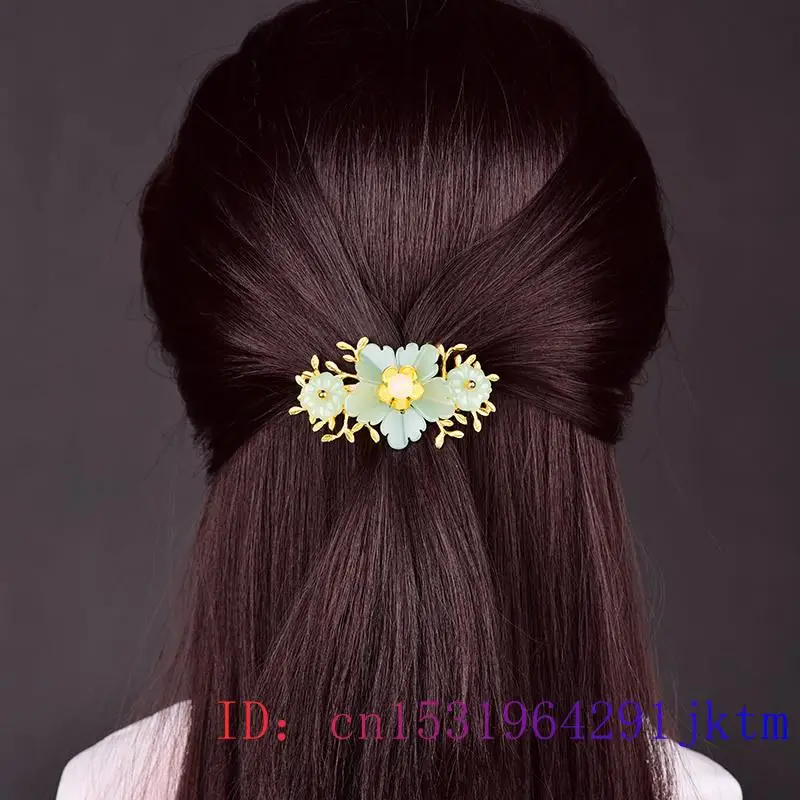 Green Jade Flower Barrette Des - Gold Plated Jewelry 评论和价格