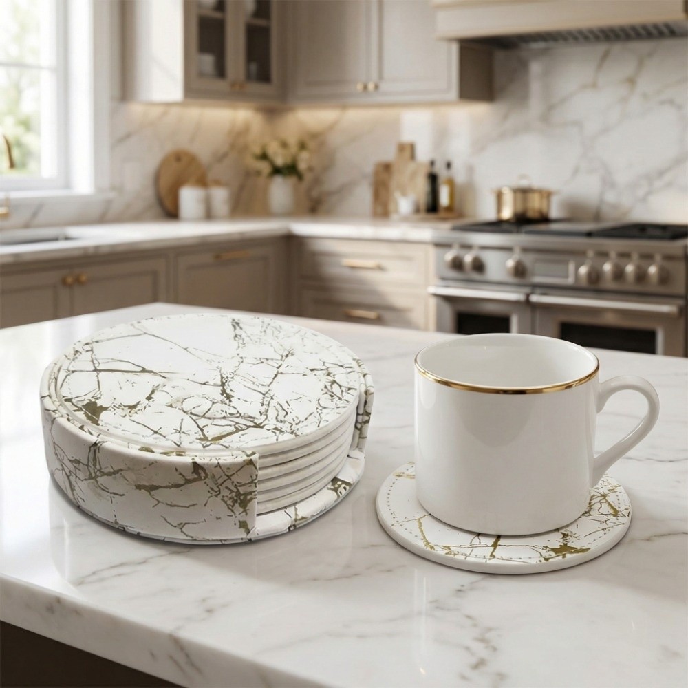 7Pcs Coaster Set PU Leather Co - Marble Coaster Set 评论和价格